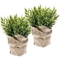 Bellatio 2x Kunstplanten muizendoorn kruiden groen in jute pot 20 cm Groen