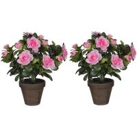 Mica Decorations 2x Groene Azalea kunstplanten roze bloemen 27 cm in pot Groen