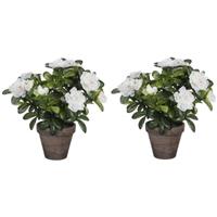 Mica Decorations 2x Groene Azalea kunstplanten witte bloemen 27 cm in pot Groen