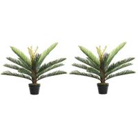 Shoppartners 2x Groene boomvaren kunstplant 75 cm in zwarte plastic pot Groen