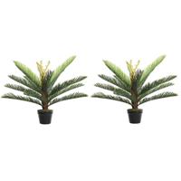 Shoppartners 2x Groene boomvaren kunstplant 75 cm in zwarte plastic pot Groen