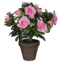 Mica Decorations 2x Groene Azalea kunstplant roze bloemen 27 cm in pot stan grey Groen