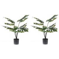 Shoppartners 2x Groene Monstera/gatenplanten kunstplant 60 cm in zwarte pot Groen