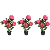 Shoppartners 3x Roze Paeonia/pioenrozen struik kunstplanten 57 cm in pot Roze