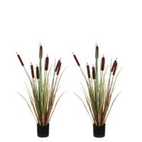 Shoppartners 2x Groene Lisdodde/grasplanten kunstplant 90 cm in zwarte pot Groen