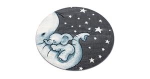 KIDS Olifant Rond Vloerkleed Kinderkamer Blauw / Grijs Laagpolig- 160 CM ROND