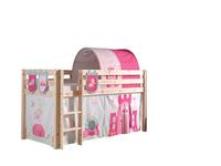 Kinderkamer Pino combo met hoogslaper,zakjes, speeltunnel en speelgordijn 235x0x140cm - prinses - naturel