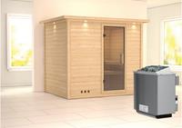 Karibu &VerticalLine; Sonara Sauna met Dakkraag &VerticalLine; Helderglas Deur &VerticalLine; Kachel 9 kW Ge&iuml;ntegreerde Bediening