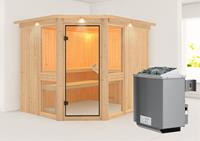 Karibu &VerticalLine; Amelia 3 Sauna met Dakkraag &VerticalLine; Helderglas Deur &VerticalLine; Kachel 9 kW Ge&iuml;ntegreerde Bediening