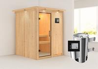 Karibu | Minja Sauna met Dakkraag | Helderglas Deur | Kachel 3,6 kW Externe Bediening