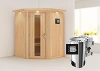 Karibu &VerticalLine; Nanja Sauna met Dakkraag &VerticalLine; Energiesparende Deur &VerticalLine; Biokachel 3,6 kW Externe Bediening