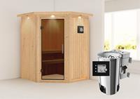 Karibu &VerticalLine; Nanja Sauna met Dakkraag &VerticalLine; Antracietglas &VerticalLine; Biokachel 3,6 kW Externe Bediening