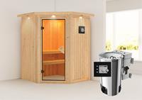 Karibu &VerticalLine; Nanja Sauna met Dakkraag &VerticalLine; Bronzeglas Deur &VerticalLine; Biokachel 3,6 kW Externe Bediening
