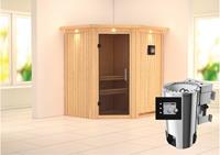 Karibu &VerticalLine; Tonja Sauna met Dakkraag &VerticalLine; Antracietglas &VerticalLine; Biokachel 3,6 kW Externe Bediening