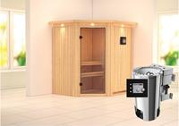 Karibu &VerticalLine; Tonja Sauna met Dakkraag &VerticalLine; Helderglas Deur &VerticalLine; Biokachel 3,6 kW Externe Bediening