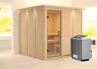 Karibu &VerticalLine; Rodin Sauna met Dakkraag &VerticalLine; Helderglas Deur &VerticalLine; Kachel 9 kW Ge&iuml;ntegreerde Bediening