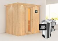Karibu &VerticalLine; Fanja Sauna met Dakkraag &VerticalLine; Energiesparende Deur &VerticalLine; Biokachel 3,6 kW Externe Bediening