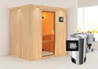 Karibu &VerticalLine; Fanja Sauna met Dakkraag &VerticalLine; Bronzeglas Deur &VerticalLine; Biokachel 3,6 kW Externe Bediening