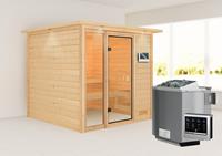 Karibu &VerticalLine; Jutta Sauna met Dakkraag &VerticalLine; Biokachel 9 kW Externe Bediening