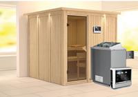 Karibu &VerticalLine; Rodin Sauna met Dakkraag &VerticalLine; Bronzeglas Deur &VerticalLine; Kachel 9 kW Externe Bediening