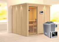 Karibu &VerticalLine; Rodin Sauna met Dakkraag &VerticalLine; Helderglas Deur &VerticalLine; Kachel 9 kW Externe Bediening