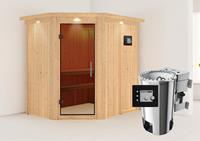 Karibu &VerticalLine; Saja Sauna met Dakkraag &VerticalLine; Antracietglas &VerticalLine; Biokachel 3,6 kW Externe Bediening