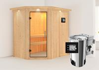 Karibu &VerticalLine; Saja Sauna met Dakkraag &VerticalLine; Helderglas Deur &VerticalLine; Biokachel 3,6 kW Externe Bediening