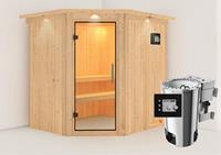 Karibu &VerticalLine; Lilja Sauna met Dakkraag &VerticalLine; Helderglas Deur &VerticalLine; Biokachel 3,6 kW Externe Bediening