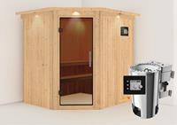 Karibu &VerticalLine; Lilja Sauna met Dakkraag &VerticalLine; Antracietglas &VerticalLine; Biokachel 3,6 kW Externe Bediening