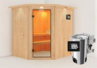Karibu &VerticalLine; Lilja Sauna met Dakkraag &VerticalLine; Bronzeglas Deur &VerticalLine; Biokachel 3,6 kW Externe Bediening