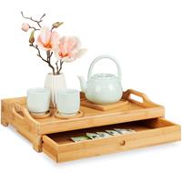 relaxdays Bambus Serviertablett, entnehmbare Schublade, Frühstückstablett mit Griffen, H x B x T: 10 x 43 x 31 cm, natur - 