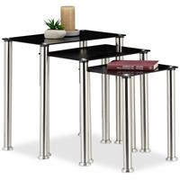 relaxdays Satztisch 3er Set, schwarzes Spiegelglas, Deko Beistelltische für Wohnzimmer, robustes Metallgestell, black - 