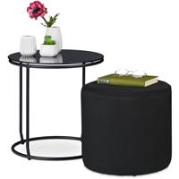 relaxdays Beistelltisch mit Hocker, runder Couchtisch mit Sitzhocker, platzsparend, Glas & Metall, 40 x 40 cm, schwarz - 