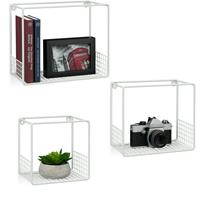 relaxdays Wandregal im 3er Set, für Wohnzimmer, modernes Gitter-Design, Cube, eckiges Wandboard, Metall, 15cm tief, weiß - 