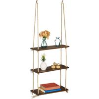 relaxdays Hängeregal Holz, 3 Ablagen, Seil Regal, Deko, Pflanzen, Wohnzimmer, Küche, Wandregal, HBT: 96x43x15 cm, braun - 