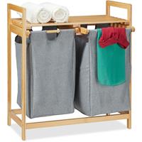 relaxdays Wäschekorb mit Ablage, 2 Fächer, 2x 30 l Wäschesäcke, Bambus Ausziehwäschekorb HBT 73 x 64 x 33 cm, natur/grau