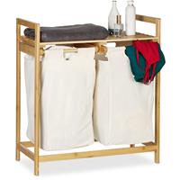 relaxdays Wäschekorb Bambus, Wäschesortierer mit Ablage, 2 Fächer, ausziehbar, tragbarer Wäschebehälter, 60 Liter, natur
