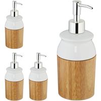 relaxdays 4 x Seifenspender, nachfüllbar, Lotionsspender mit Pumpkopf, Bambus & Keramik, Bad, Pumpspender, 225 ml, natur/weiß - 
