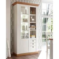 Landhaus Vitrinenschrank LINARES-61 in Pinie weiß / Wotan Eiche Nb. inkl. LED - B/H/T ca.: 102/204/44 cm