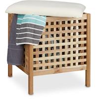 RELAXDAYS Badhocker Walnuss mit Wäschesammler HBT: 52 x 49 x 49 cm Badhocker mit Sitzkissen aus Leinen und Wäschekorb 52 Liter Sitzhocker mit Stauraum aus