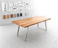 DELIFE Esstisch Edge 200x100cm XL Akazie Natur Edelstahl Silber schräg Live-Edge
