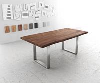 DELIFE Esstisch Edge 200x100 XL Akazie Braun Edelstahl Schmal Live-Edge