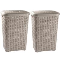 2x Stuks Grote Rotan Wasmand/opbergmand Met Deksel 60 Liter In Kleur Taupe - Kunststof - L35 X B43 X H62 Cm - Wasmanden