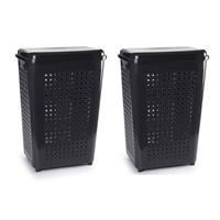2x Stuks Grote Wasmand/opberg Mand Met Deksel 50 Liter In Het Donkergrijs - Kunststof - 41 X 31 X 61 Cm - Wasmanden
