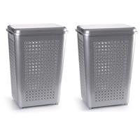 2x Stuks Grote Wasmand/opberg Mand Met Deksel 50 Liter In Het Zilver - Kunststof - 41 X 31 X 61 Cm - Wasmanden