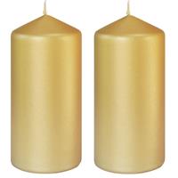 2x Stuks Gouden Cilinderkaarsen/stompkaarsen 15 X 7 Cm 52 Branduren - Geurloze Kaarsen Mat Goud