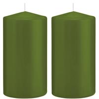 2x Olijfgroene Cilinderkaarsen/stompkaarsen 8 X 15 Cm 69 Branduren - Geurloze Kaarsen Olijf Groen - Woondecoraties
