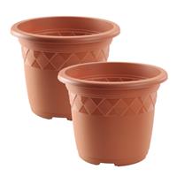 Set Van 2x Stuks Bloempot/plantenpot Rond Terra Cotta Kunststof Diameter 29 Cm - Hoogte 23.5 Cm - Buiten Gebruik