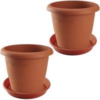 2x Stuks Bloempotten Met Onder Opvangschaal In Kleur Terra Cotta - Rond Diameter Pot 35 Cm - Plantenpotten/bakken