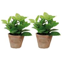 2x Stuks Kunstplanten Muntkruiden In Terracotta Pot 16 Cm - Kunstplanten/nepplanten
